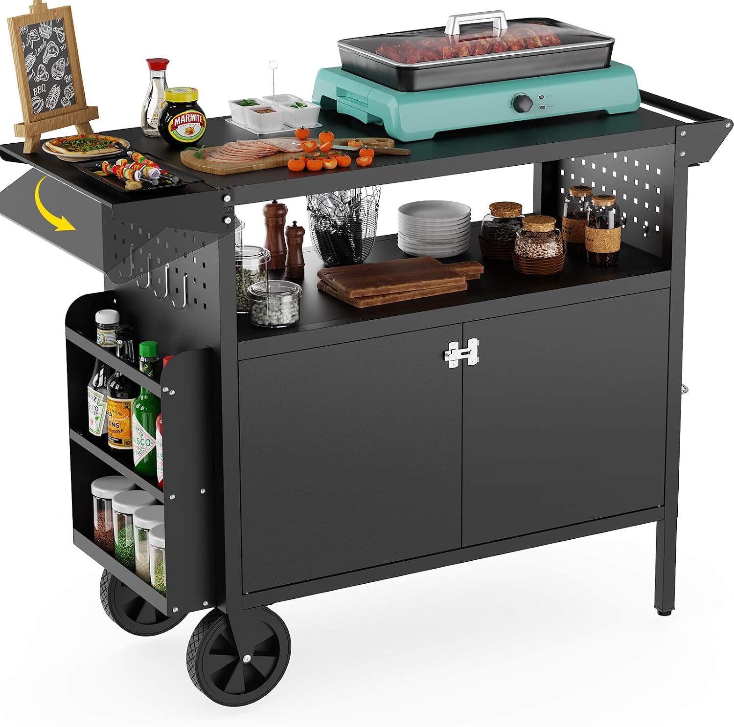 Folding Picnic Table - Outdoor Grill Cart Table With Storage