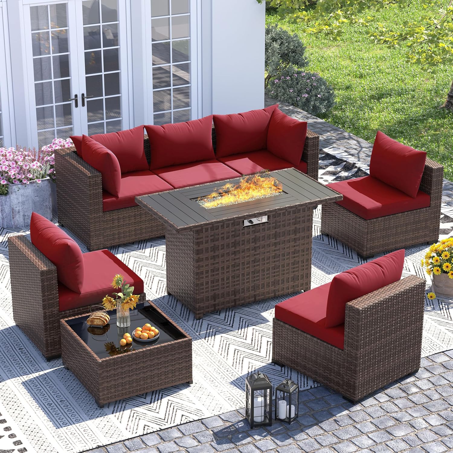 Outdoor Furniture Fire Table - 8pc All-Weather Wicker Sectional Sofa &