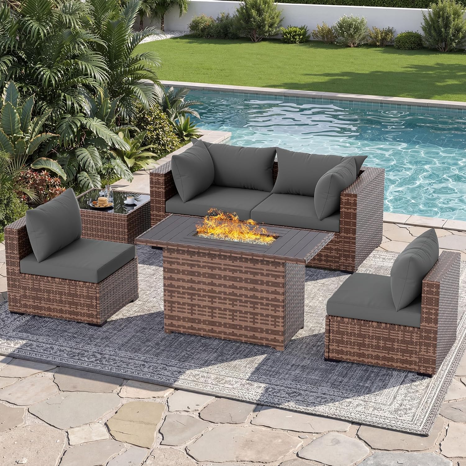 Outdoor Furniture Fire Table - 5-Piece Outdoor Sectional Sofa Set with