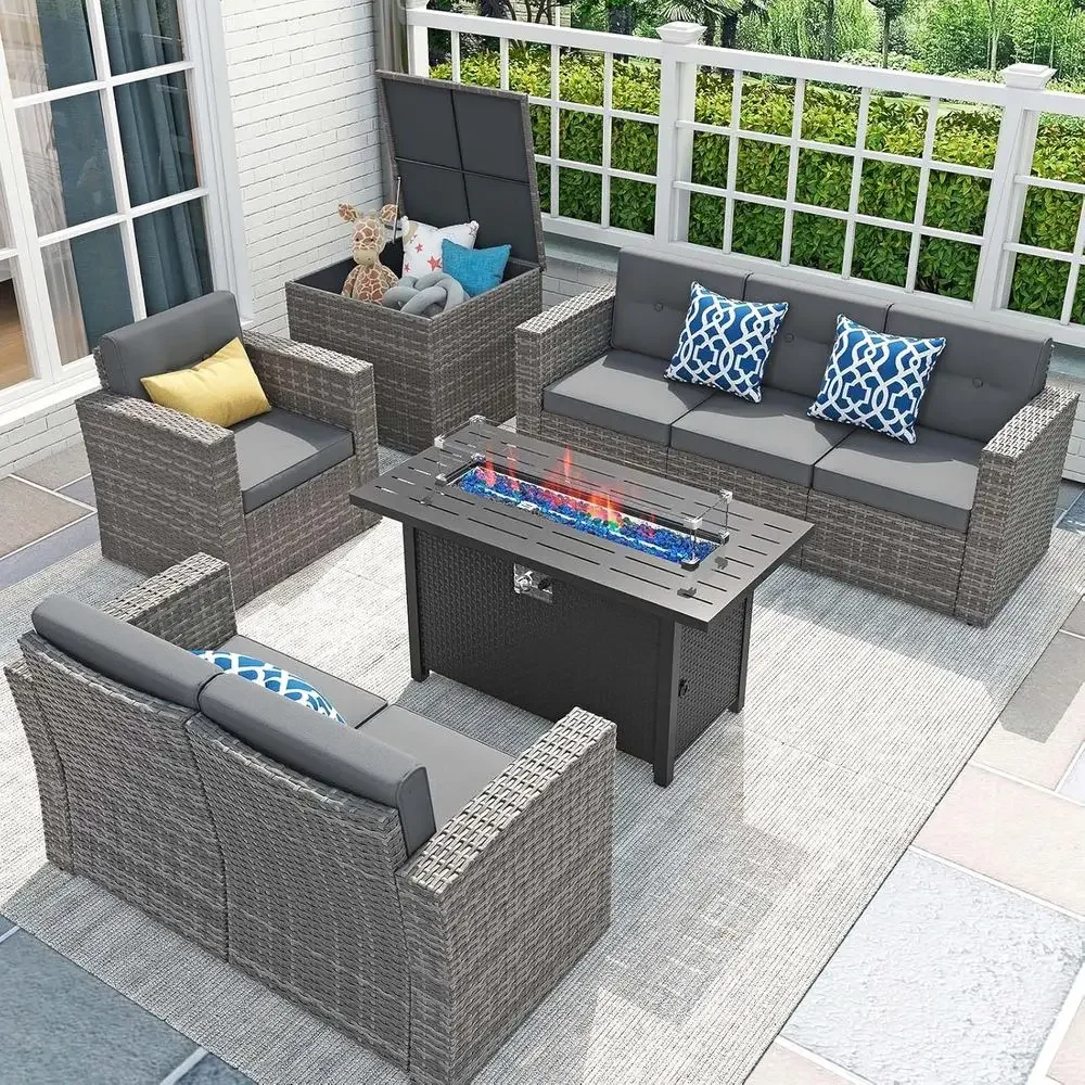 Outdoor Furniture Fire Table - 8-Piece Patio Furniture Set with 45