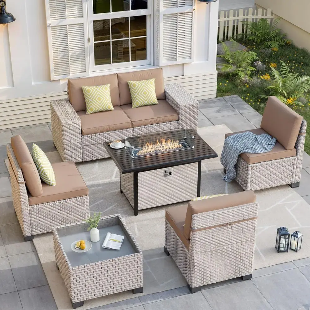 Outdoor Furniture Fire Table - 7-Piece Outdoor Patio Furniture Set with