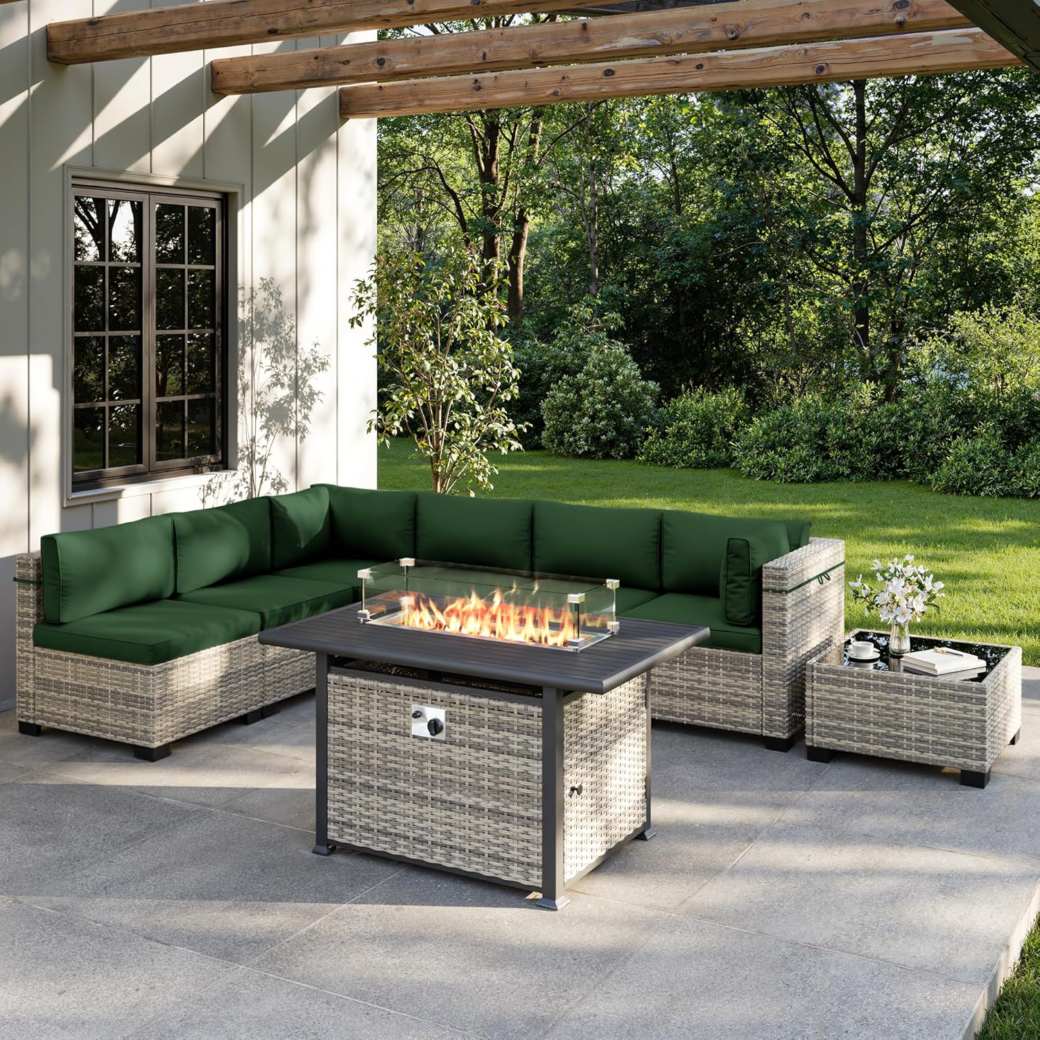 Outdoor Furniture Fire Table - 8-Piece Outdoor Patio Furniture Set with