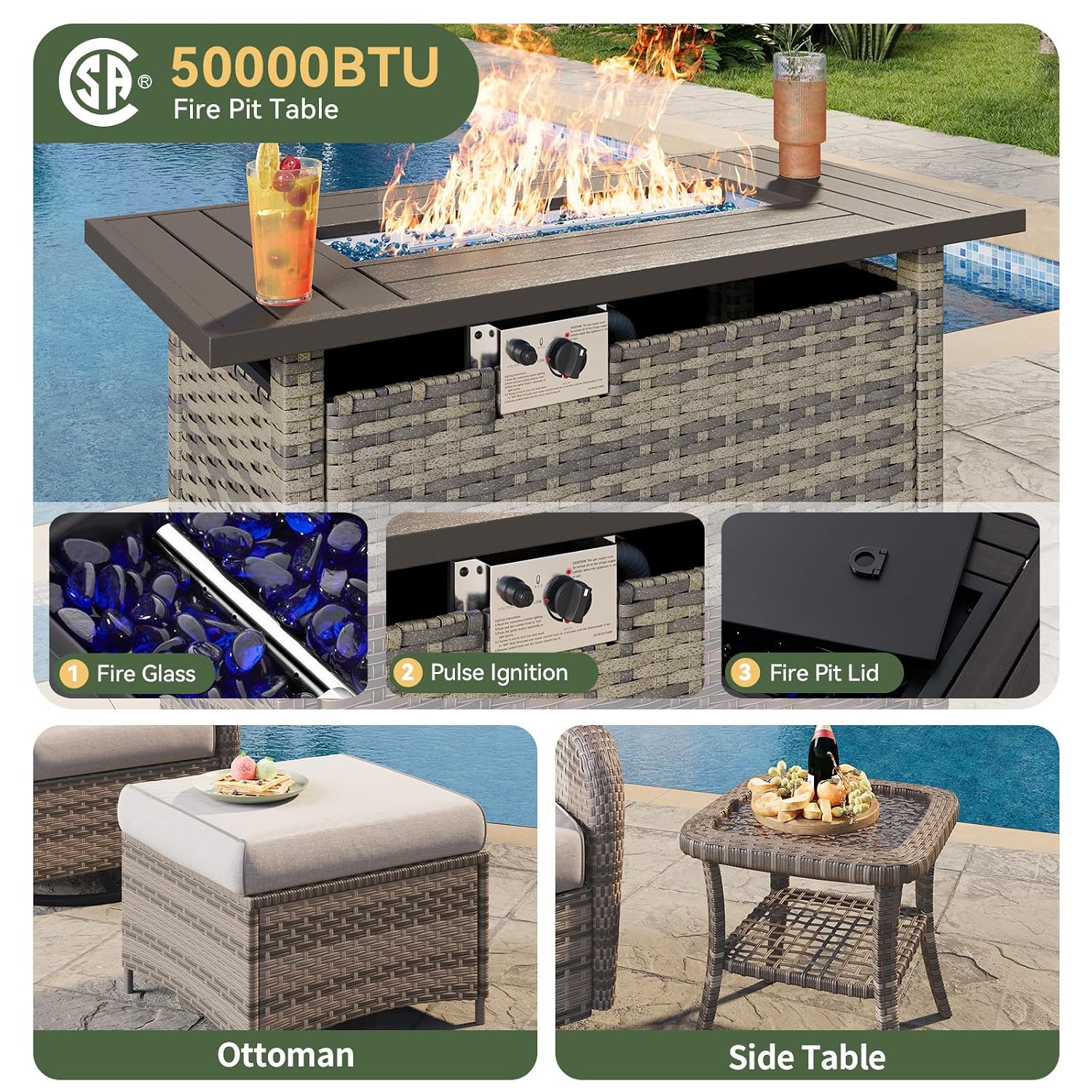 7-Piece Wicker Patio Set with  - đánh giá và giá Outdoor Furniture Fire Table